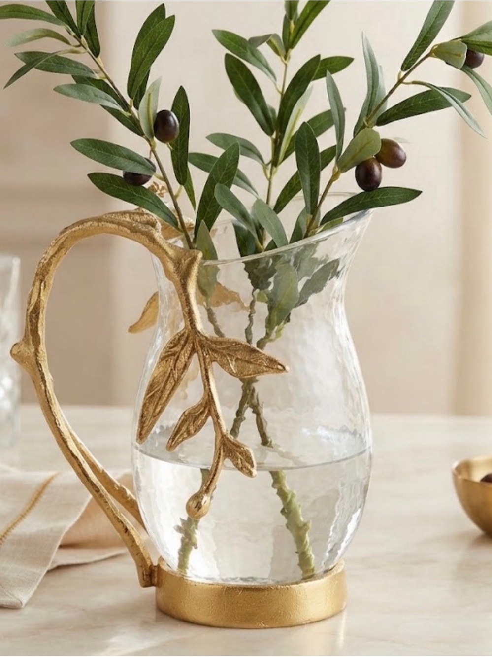 Gold-Handled Clear Glass Pitcher Vase - Decorative Home Accent
